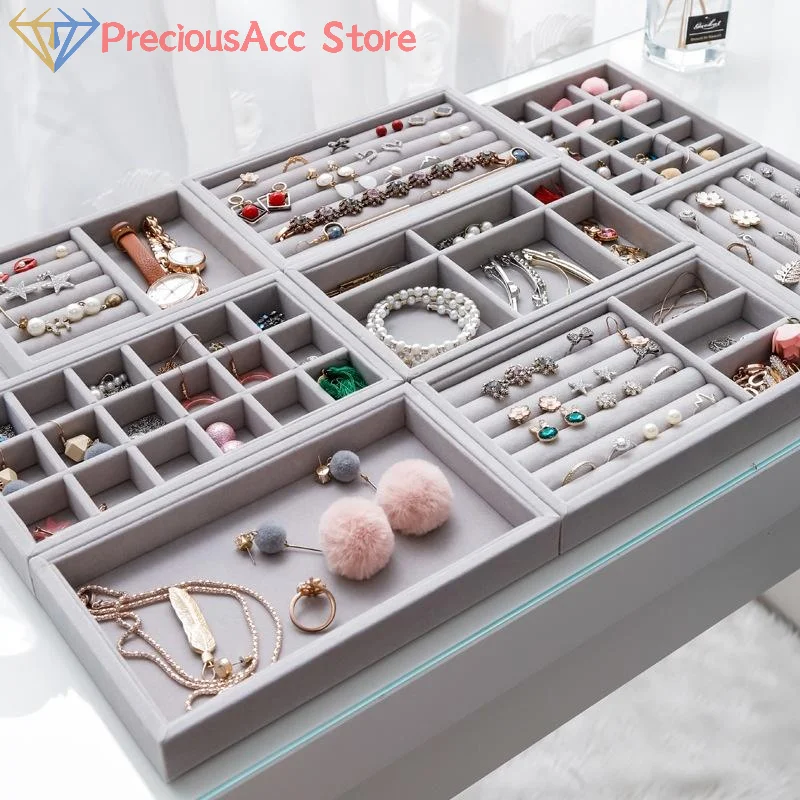 Velvet Jewelry Tray Display Case Portable Earring Necklace Holder Packaging Box Grey Beige Stackable Jewelry Organizer Boxes