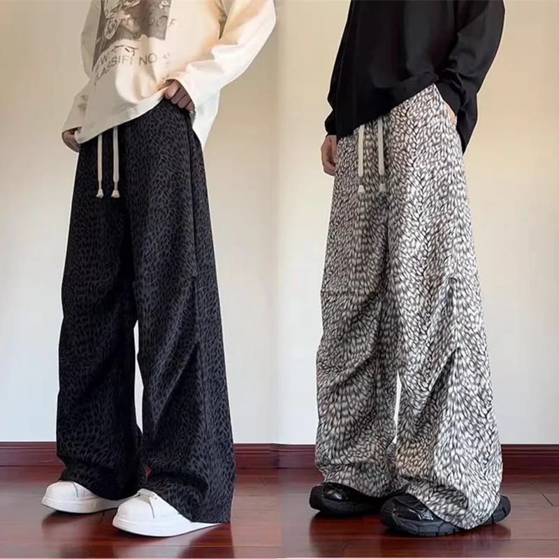 

Мужские утепленные брюки прямого кроя на флисовой подкладке, осенне-зимние молодежные модные свободные брюки с леопардовым принтом, термобрюки