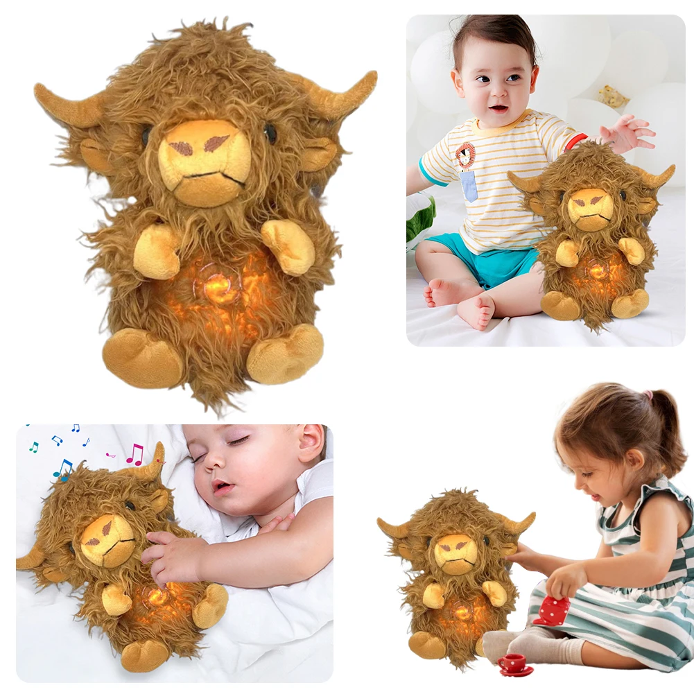 Breathing Highland Cow Toy with Music Lights & Rhythmic Breathing Motion Highland Cow Sleep Buddy Anxiety Relief for Boys Girls