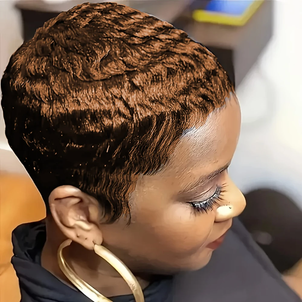 密度150% 4インチ ピクシーカット カールウェーブ 人毛ウィッグ 女性用 フルマシンメイド ウィッグ デイリーユース パーティー用