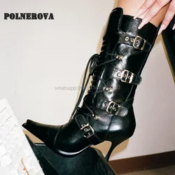 Belt Buckle Cross Tied Booty Pointed Toe Stiletto Solid Patchwork Punk Women Booties Punk Spicy Girl Knee High Boots 2024 Trend