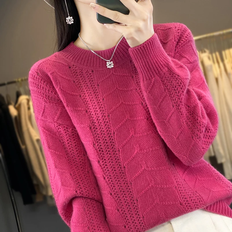 2024 Herringbone 100% Merino wool Fall/winter Cashmere sweater Women's crewneck pullover warm bottom knit shirt top