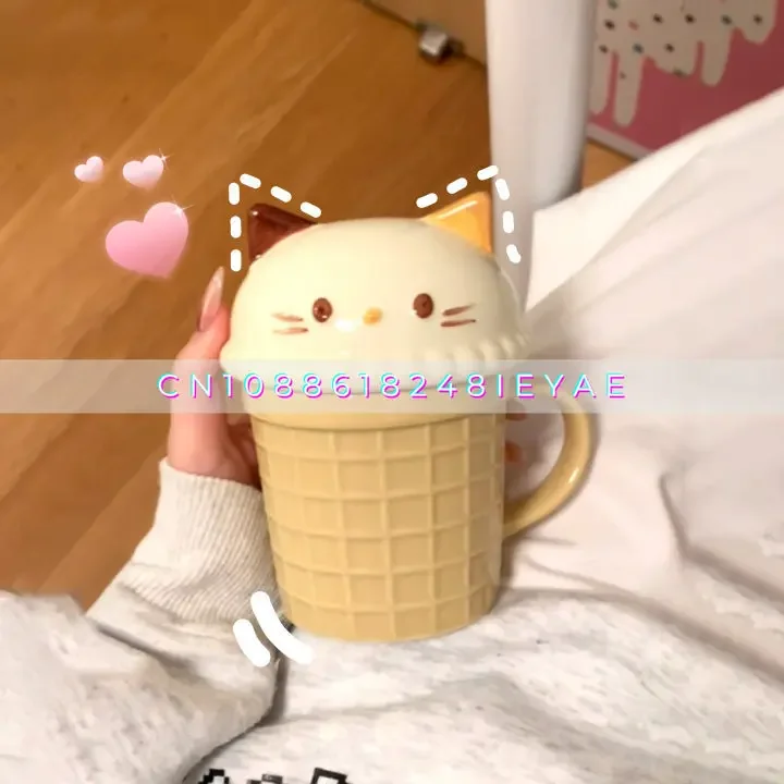 

Cute Ice Cream Cat Cup Ceramic Coffee Mug with Lid Couple Girlfriend Cup Souvenir Creative Cartoon