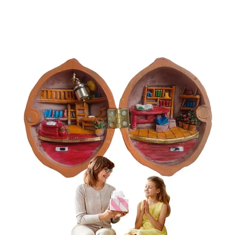 Walnut Shell Miniature Doll House Mini Resin 3D Library In Walnut Shell Decorative Handmade Walnut House Toys Miniature House