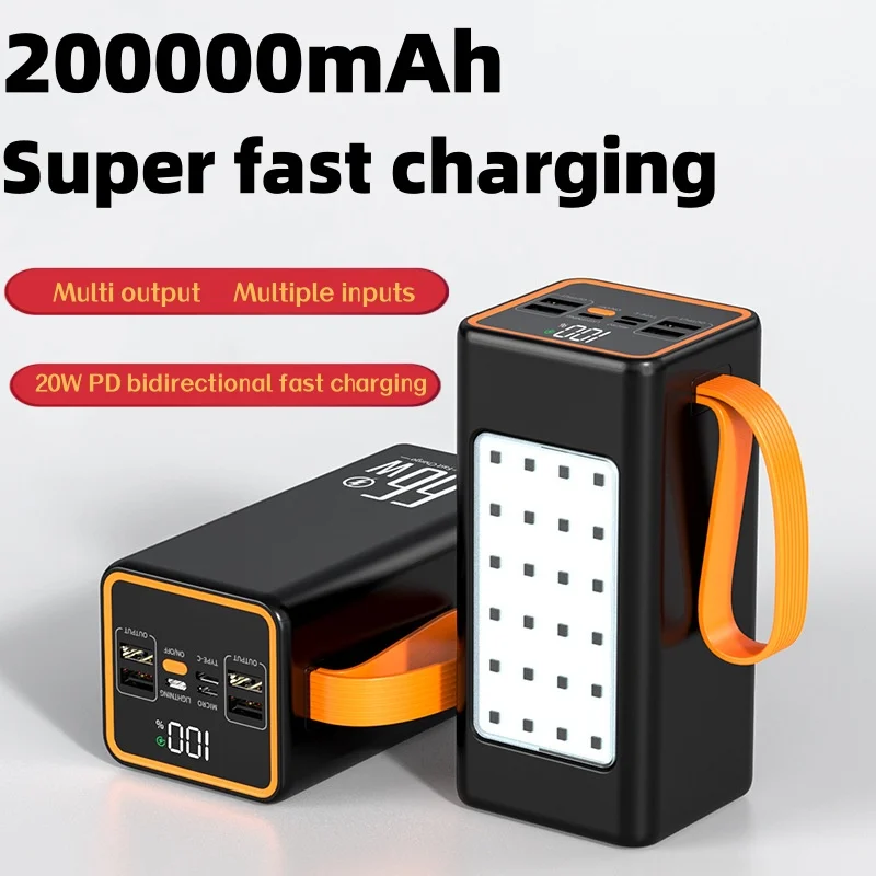 

Power Bank 200000mAh High Capacity 66W Fast Charger Waterproof Rechargeable Battery For Mobile Phone Computer Camping LED Light