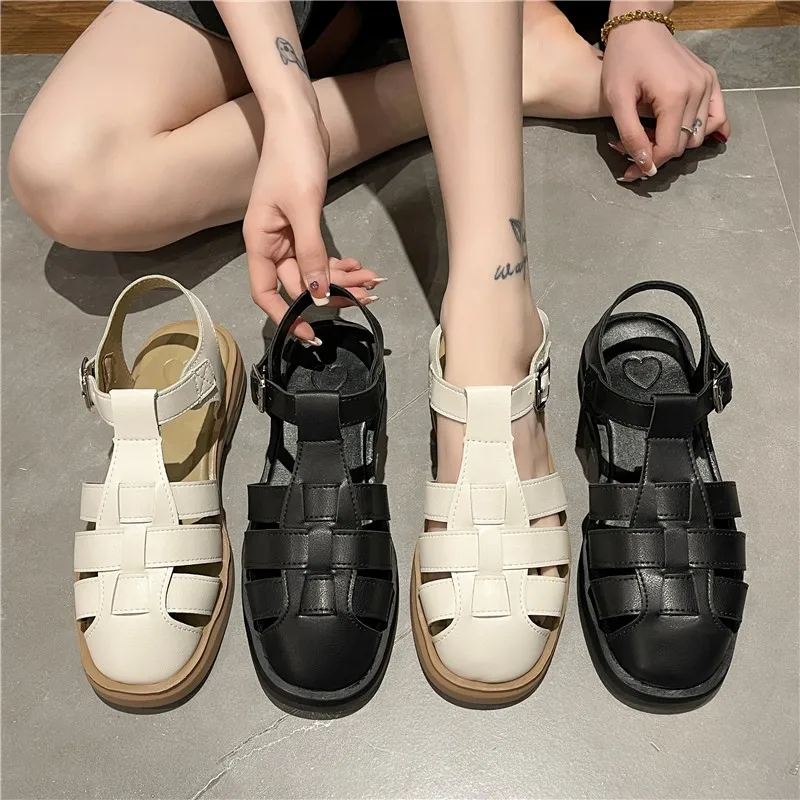 Women Summer Casual Soft Flat Sandals Leather Women Gladiator Sandals Slip on Ladies Thick Sole Beach Roman Zapatillas De Mujer