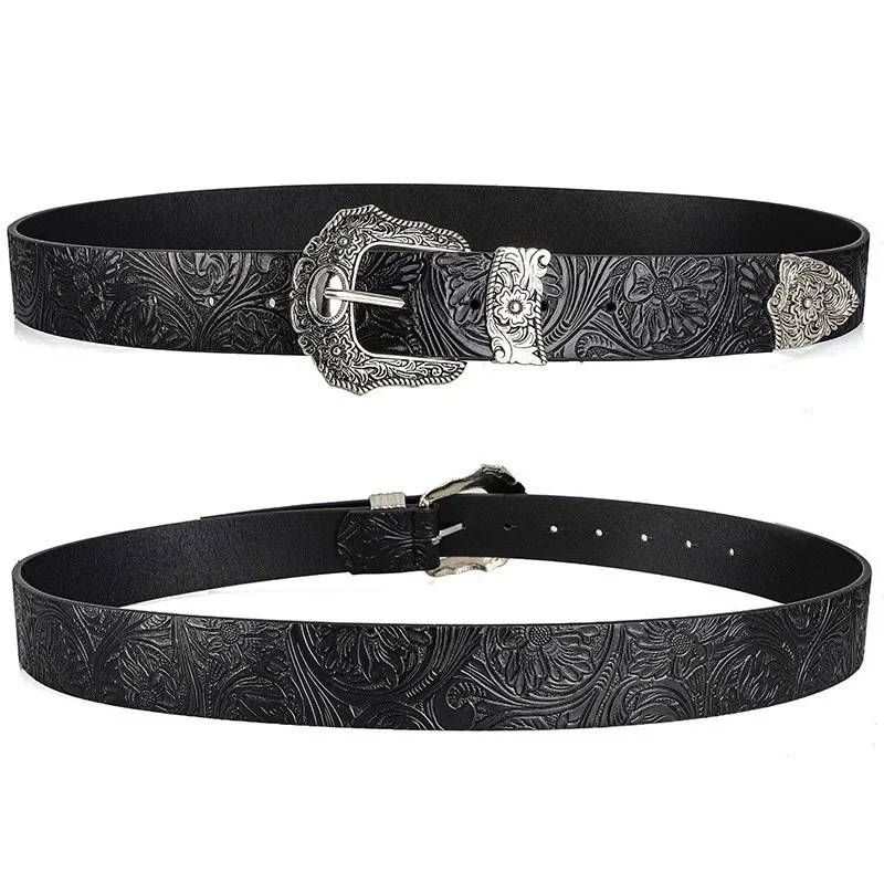 New European and American style women's belt, vintage rhinestone carved buckle belt, trendy printed jeans belt, unisex