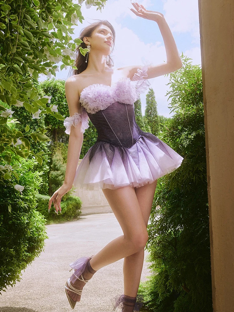 

Комплект из 2 предметов Weird Puss Sweet Mesh: женский топ без бретелек с открытой спиной, бантом и аппликациями + многоярусная пышная юбка, наряд для дня рождения