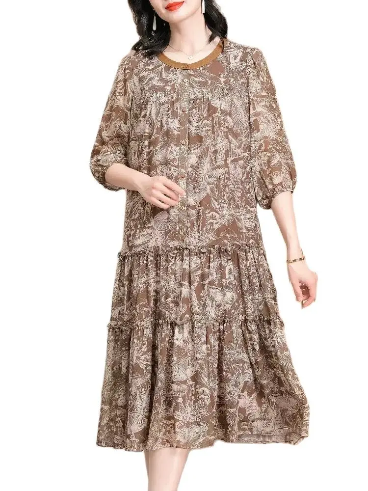 BirdTree 100%Real Silk Elegant Dresses For Women, Half Sleeve O Neck, Printed Vintage Loose Gentle Dress, 2024 SummerD42269QC