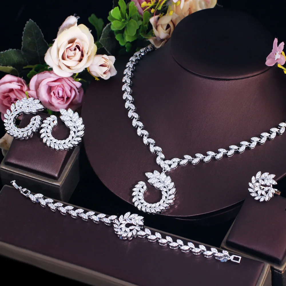 CWWZircons  Elegant Design Olive Leaf Pretty White Cubic Zirconia Jewelry Sets for Women Wedding Banquet Bridal Party Wear T741