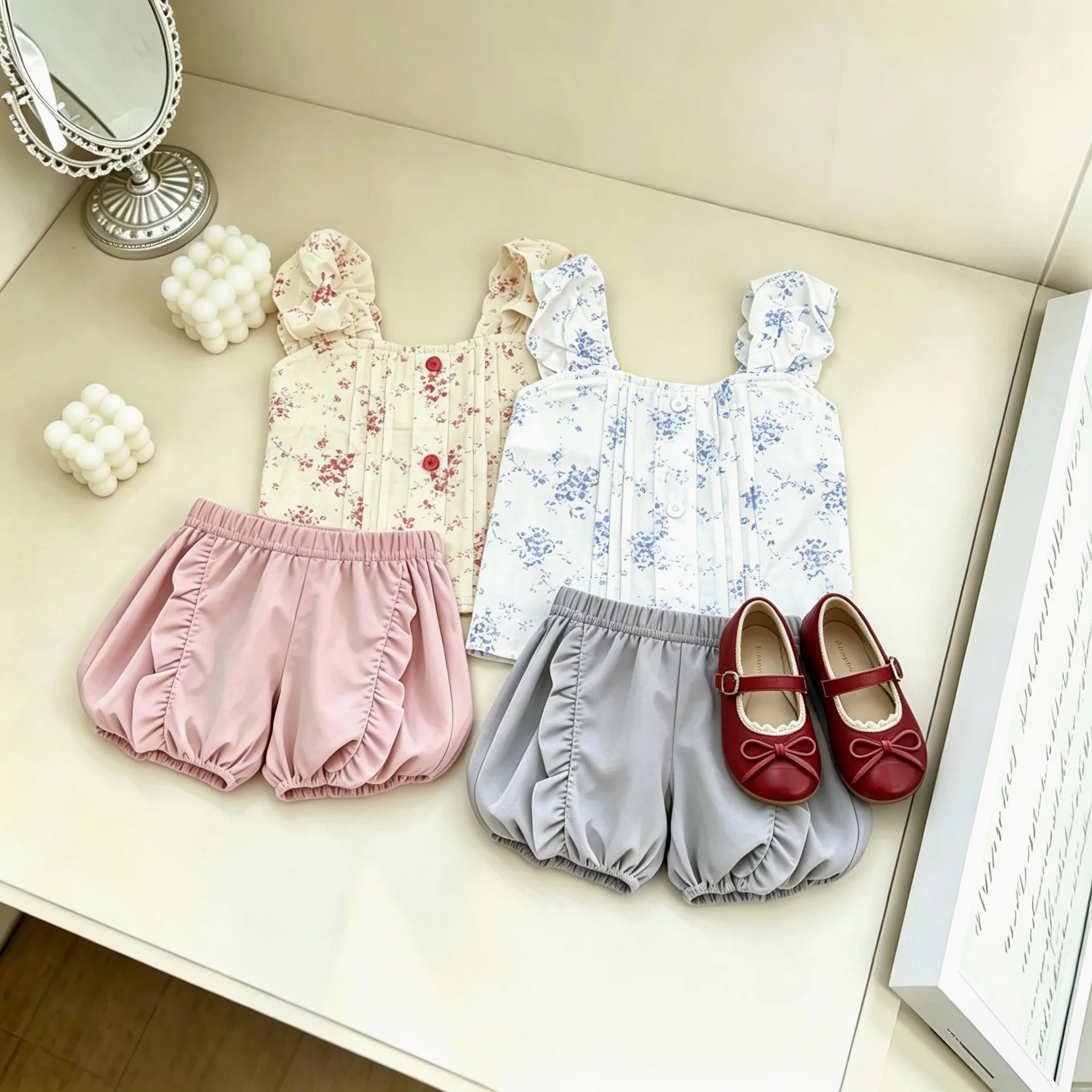 Fresh Pastoral Girls 2 Piece Set 2026 Natural Soft Sweet Look Floral Sling Sleeveless Top Cool and Light for Summer Solid Shorts