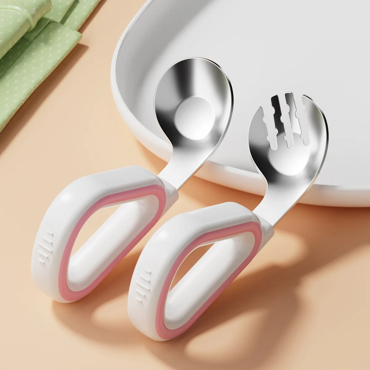 New design training easy to grip Elbow fork spoon short handle learn artifact silicone Baby 316 stainless steel fork spoons