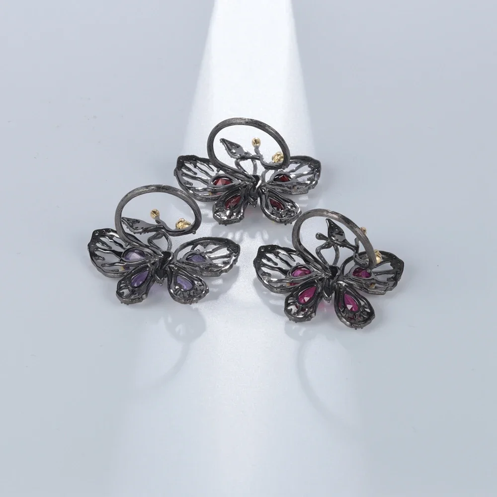 GEM'S BALLET Original Design Butterfly Rings 925 Sterling Silver Lab Created Ruby Handmade Statement Ring Jewelry Gift For Her