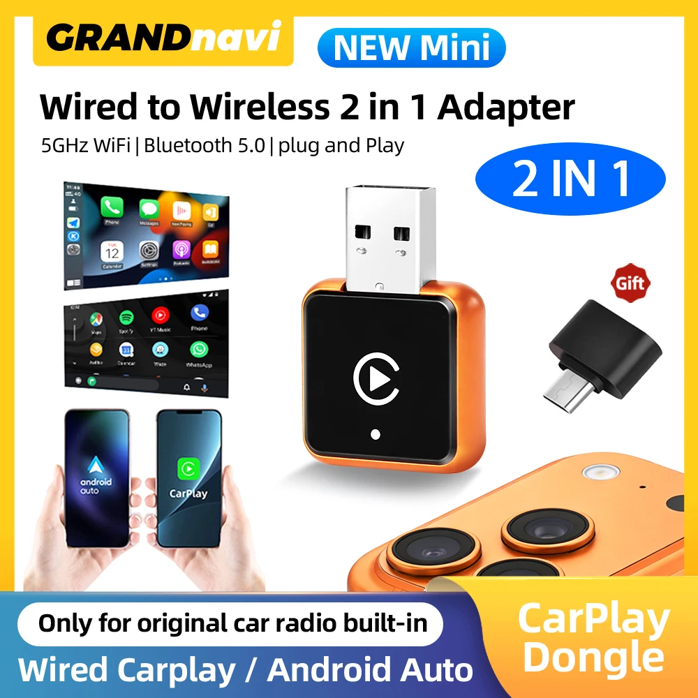 

Умный адаптер 2-в-1 Orange Mini CarPlay: беспроводной CarPlay, Android Auto, Bluetooth