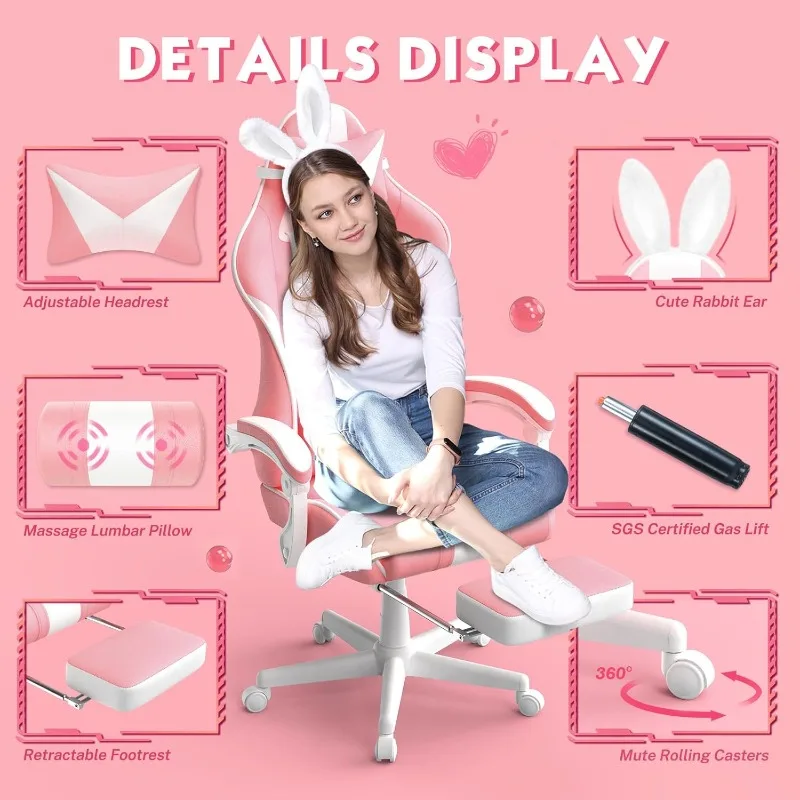 Silla de juego rosa Kawaii con Orejas de conejo, silla de juego de ordenador de oficina de cuero reclinable de carreras de 250 libras