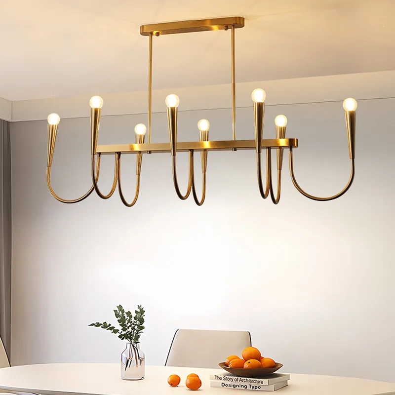 Long Gold Candle Led Chandeleir For Dining Room Kitchen Table American Retro Restaurant Led Pendant Chandelier Hanging Lights