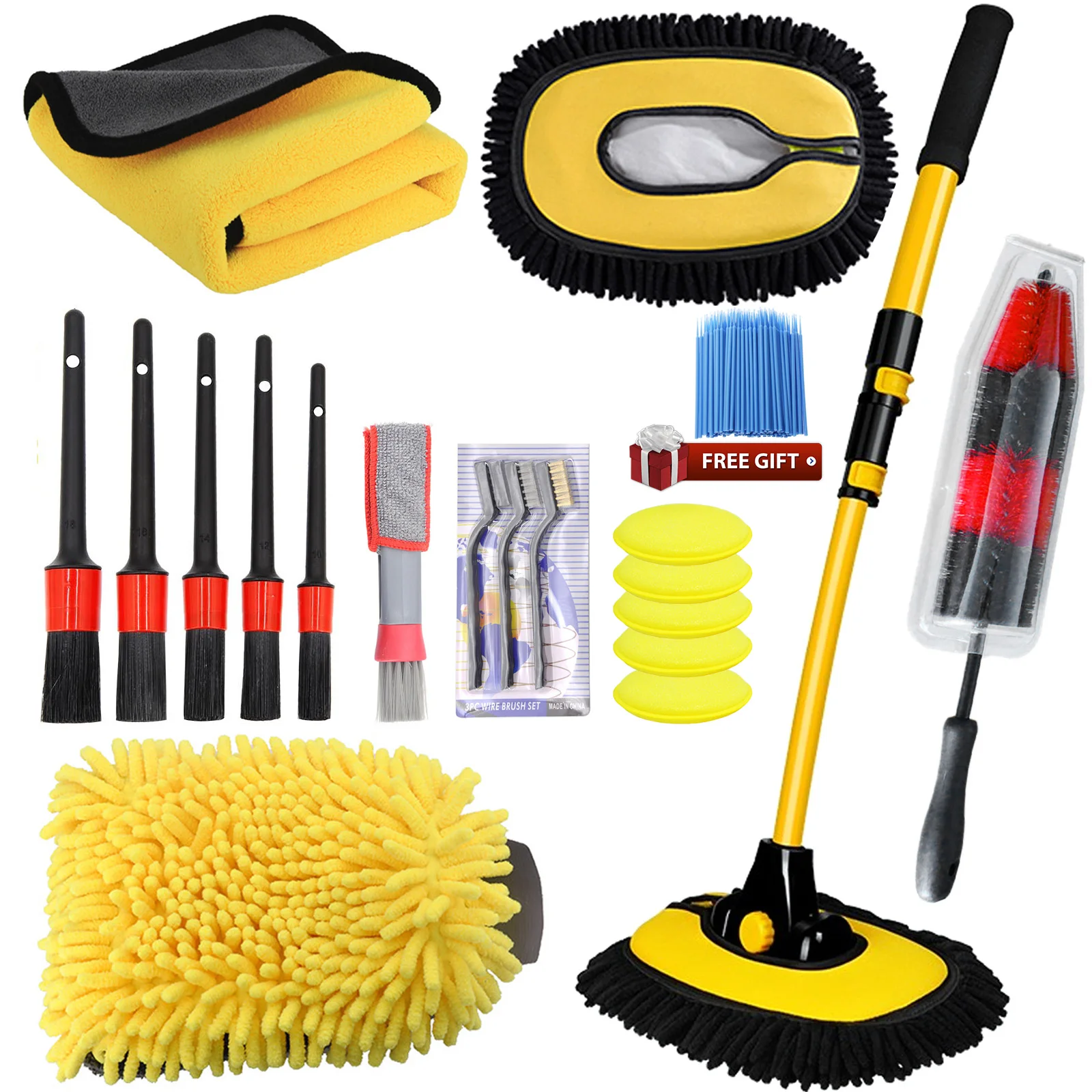 

New Car Truck RVs SUV Wash Brush Mop Kit Mitt Sponge Telescoping Long Handle Chenille Broom Detailing Wheel Cleaning Tools