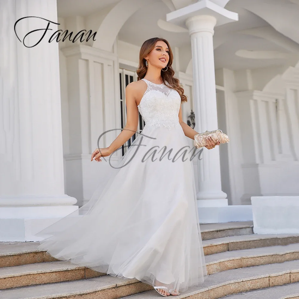 Abito da sposa a trapezio in pizzo con perline scintillanti abito da sposa senza schienale o-collo senza maniche in Tulle robe de mariée Appliques abito da ballo vestidos novia