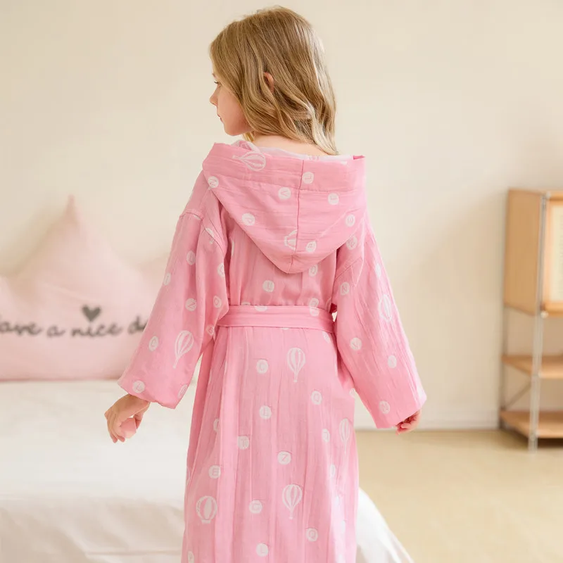 Kids 100% Cotton Double Layer Gauze Robe Cute New Children Bathrobe Sleepwear Boy&Girls Water Absorption Swimming Hooded Robes