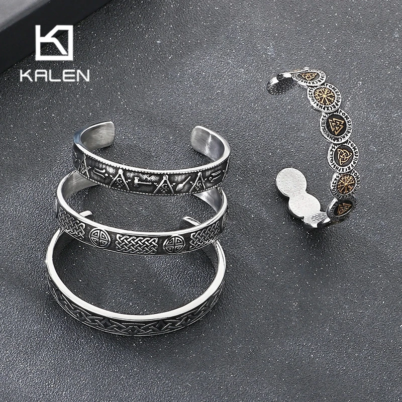 

KALEN винтажный мужской открытый браслет викингов, массивный символ, ювелирные изделия из нержавеющей стали, скандинавский трезубец, щит Одина, рунический аксессуар, подарок