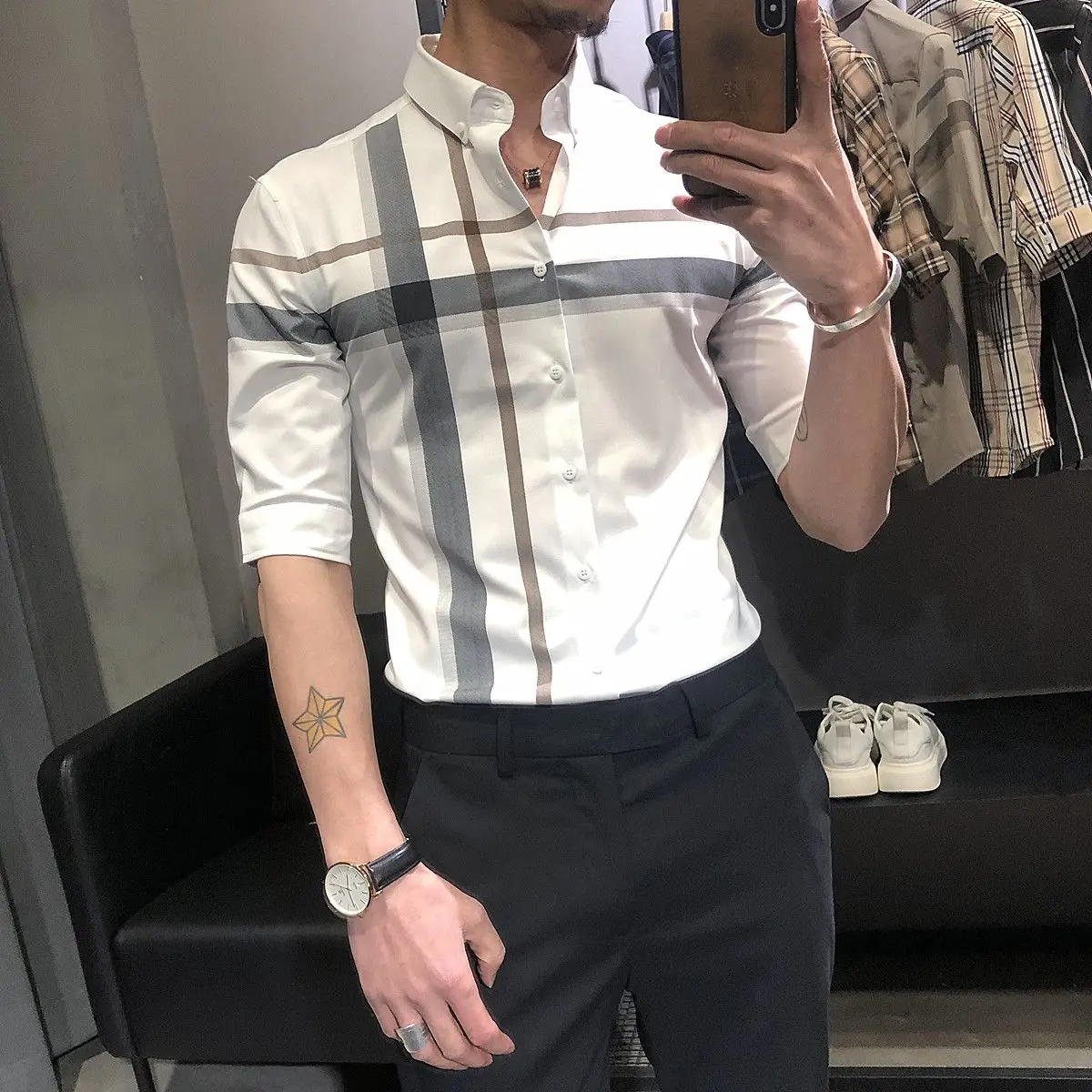 Camisa a cuadros de manga corta para hombre, Top fino con cuello levantado y botones, informal, versátil, a la moda, Verano