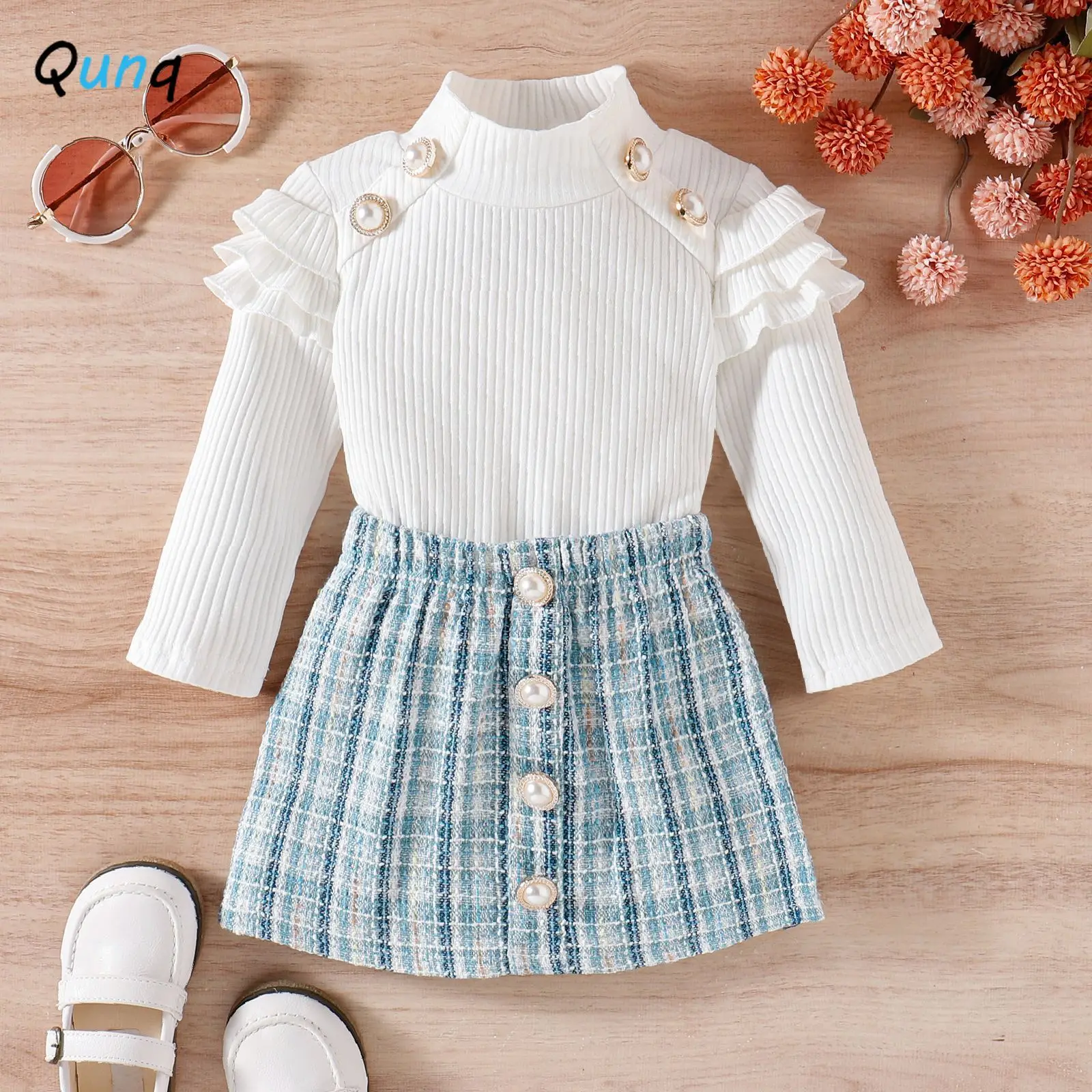 

Qunq 2023 Autumn Girls Long Sleeved Twist Button Pullover Top+Plaid Skirt 2 Pieces Set Temperament Casual Kids Clothes Age 3T-8T