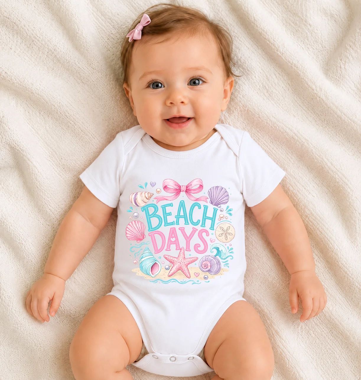 Baby Summer Bodysuit Beach Days Print Newborn Girls Onesie Cute Seashell Starfish Bow Graphic Infant Short Sleeve Romper Toddler