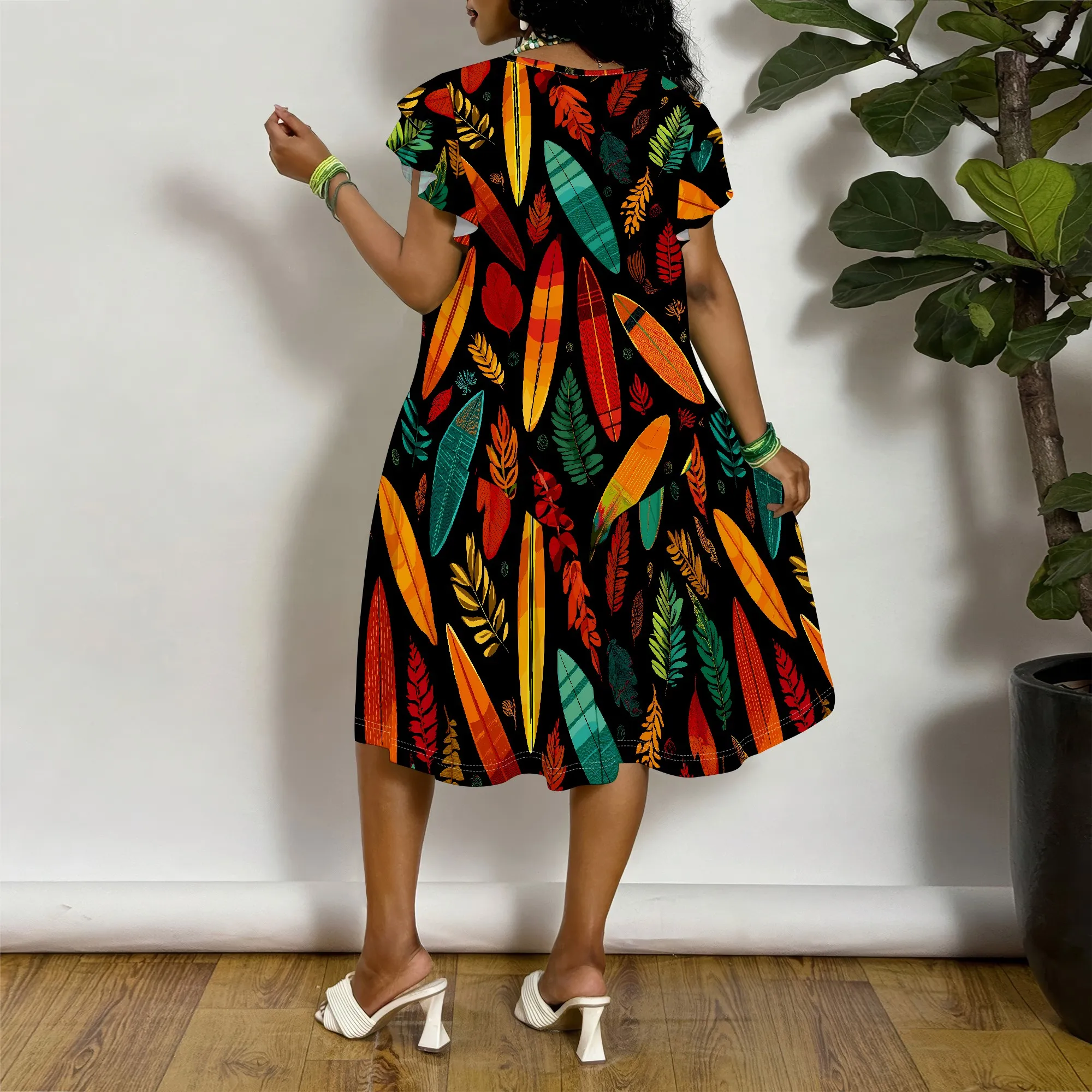 Boho Feather Print Short Sleeve Dress for Women, Vibrant Tropical Leaf Pattern A-Line Swing Midi Dress