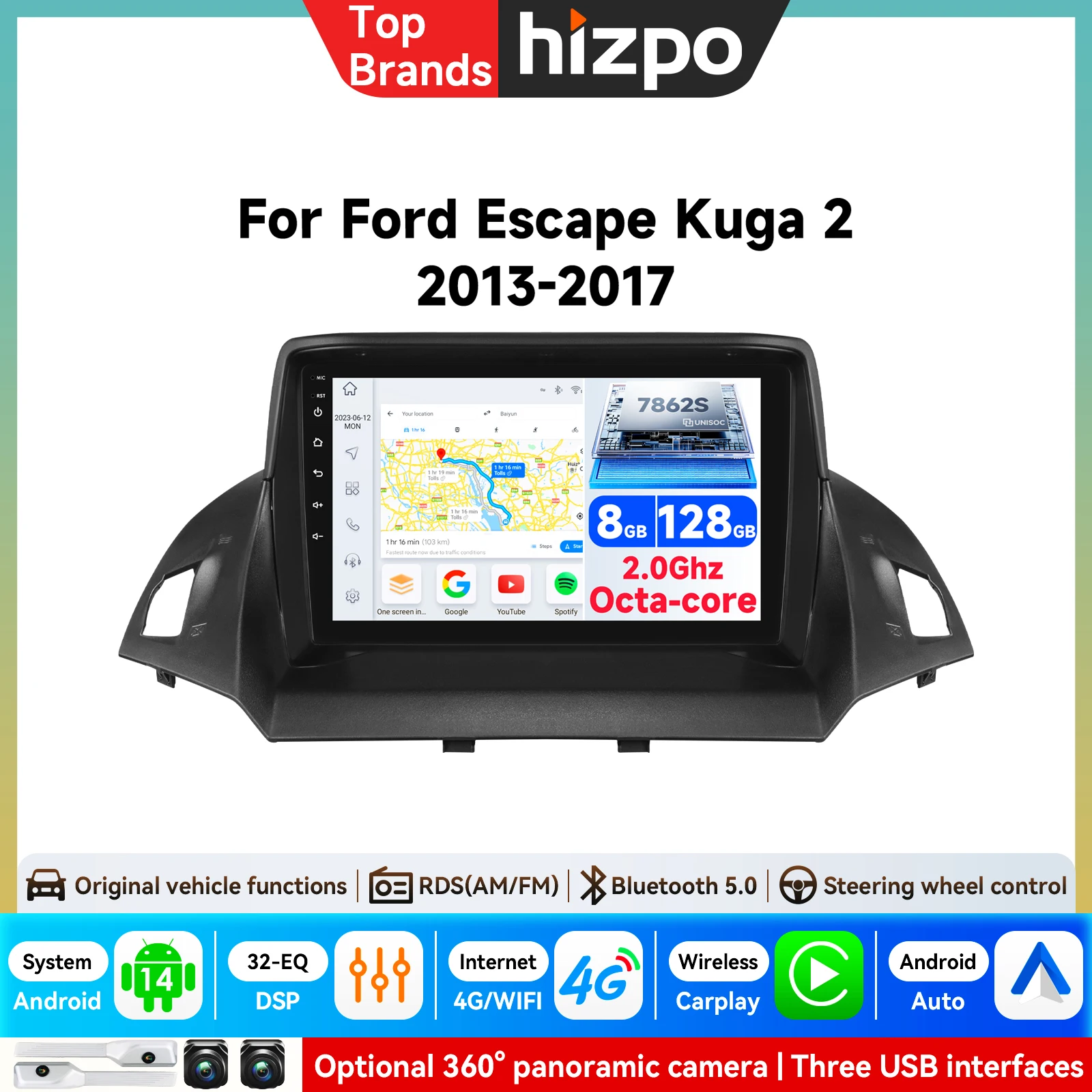 Für Ford C-MAX Kuga 2 Escape 3 2013 - 2017 Android Auto Autoradio Kabelloses Carplay GPS-Navigation Bildschirm Stereo Video Multimedia