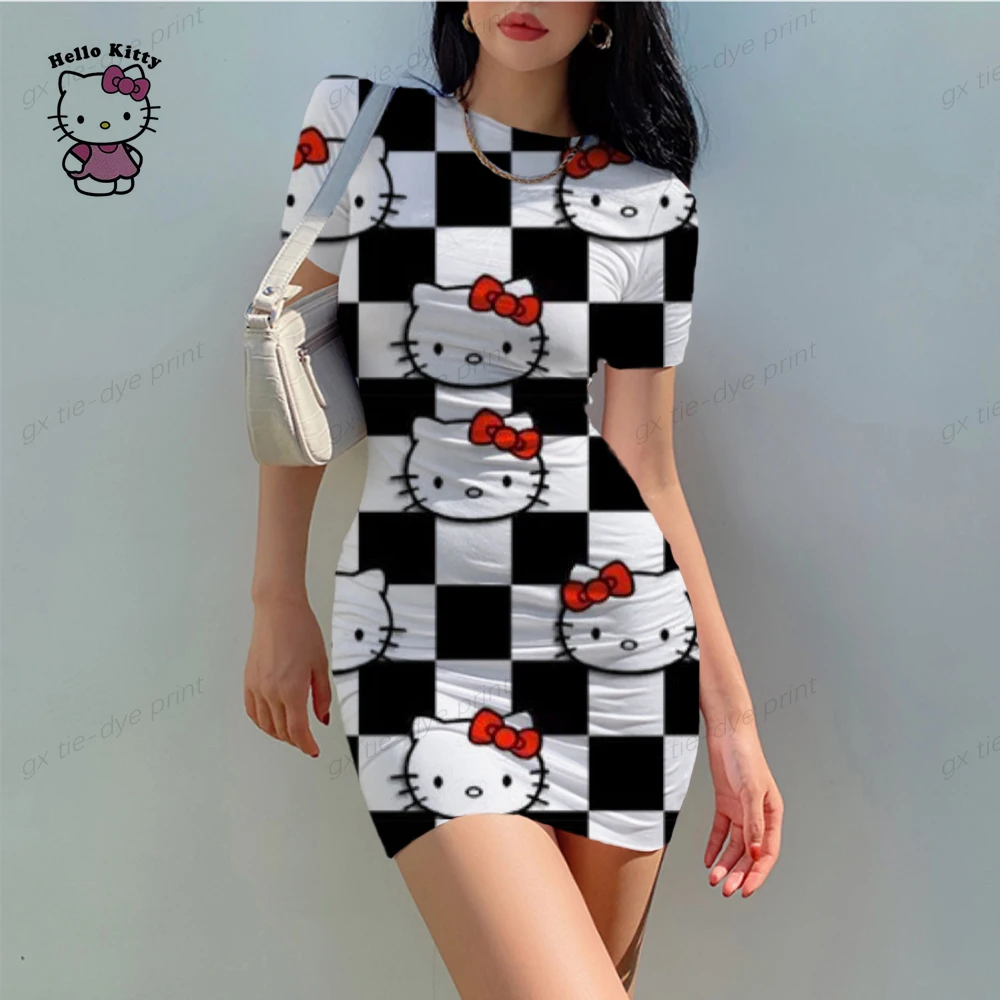 Hello Kitty Print Woman Dresses Elegant Dress Office Tight Slim Lady O Neck Summer Casual Cartoon 3D print Mini Dress Vestidos