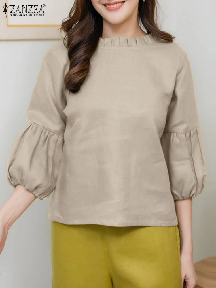 

ZANZEA Women Elegant Blouse Ruffles Holiday Blusas Mujer Female Solid Tunic Tops Fashion Autumn 3/4 Sleeve Casual Loose Shirt