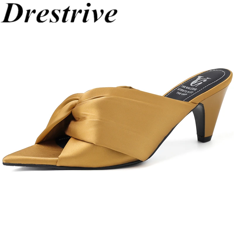 

Drestrive 2026 Новые элегантные женские сандалии из атласа с острым носком на высоком каблуке-шпильке, летние туфли-мюли ручной работы