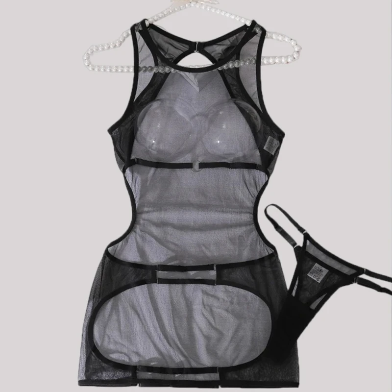 

Toucheart Sexy Onesie Thin Solid Color Fashionable Perspective Mesh High Waist Hollow Slim Body Showing Off Sexy Lingerie Set