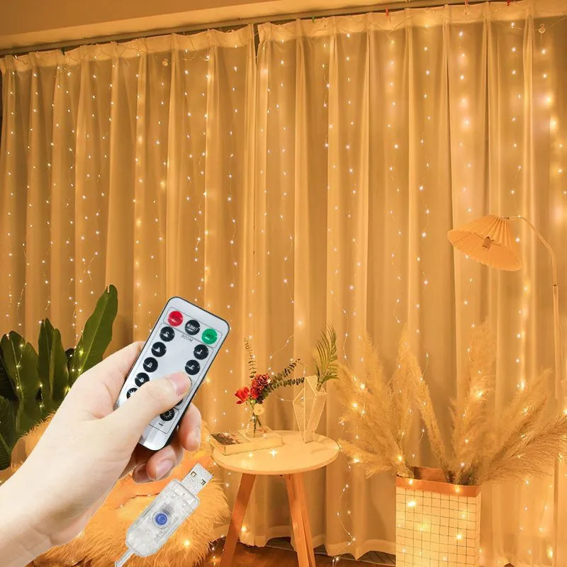 Christmas Decoration USB Power with Remote Control 8 Modes Light LED Garland Curtain Light String for Bedroom Home Wedding Party