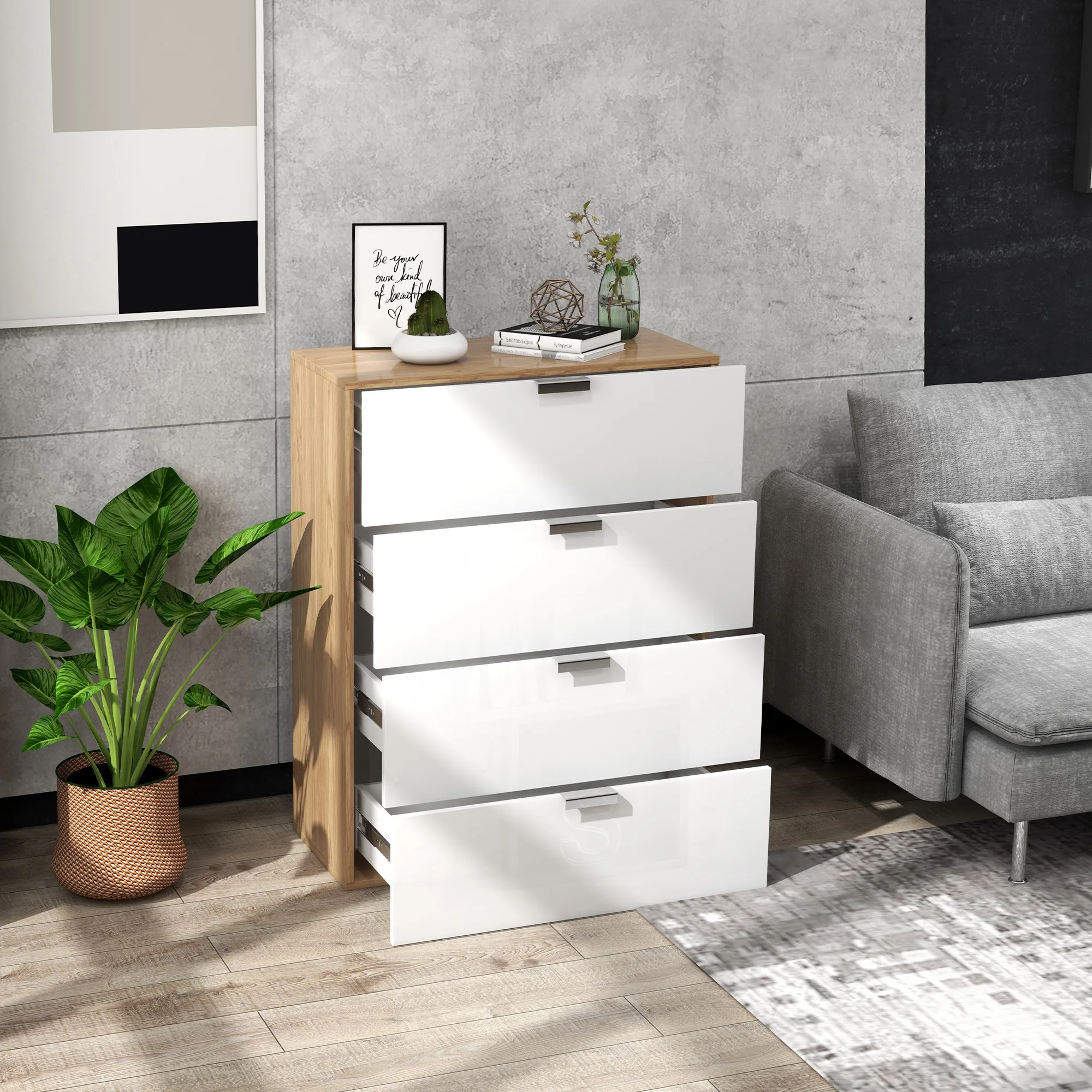 Comfortable HOMCOM with 4 drawers high gloss 70x35x92 cm Natural White