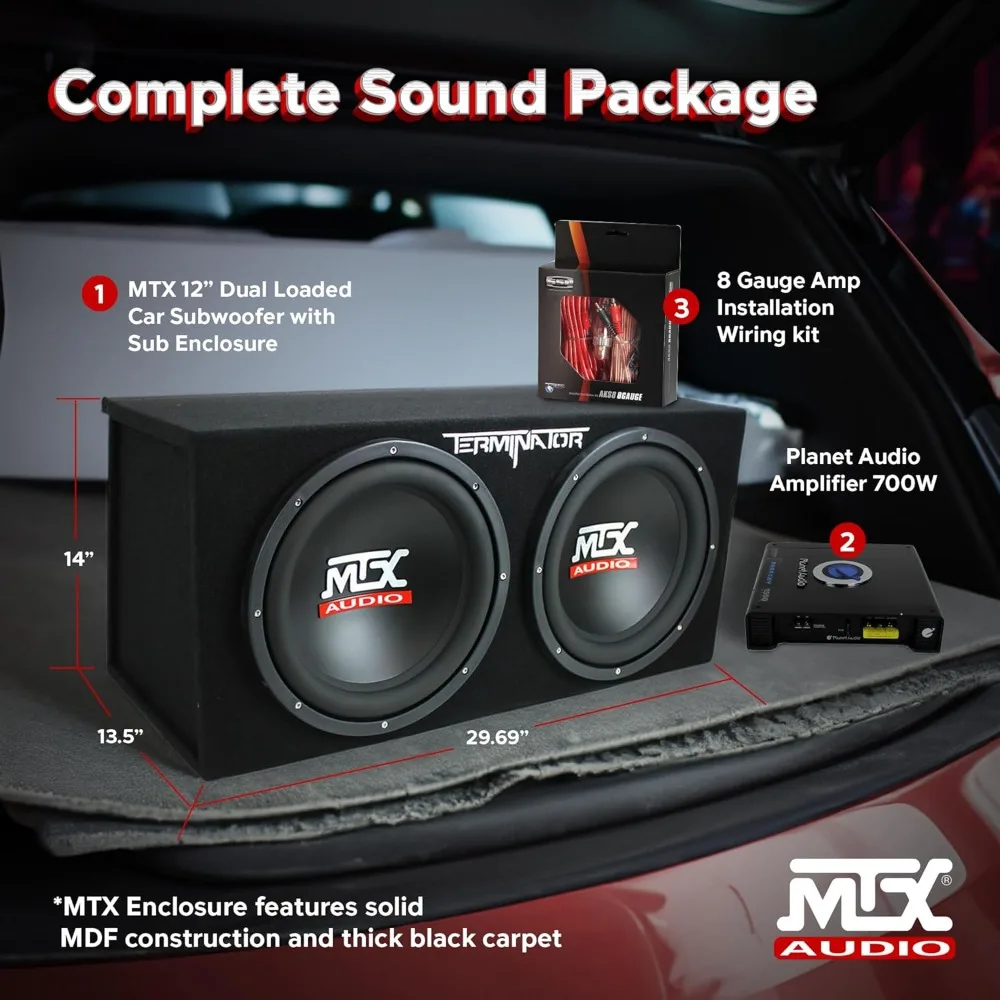 12-Inch Dual Subwoofer with Amp & Wiring Kit - Complete Car Sound System Bundle with 1200W Loaded Enclosure, Planet Audio Peak