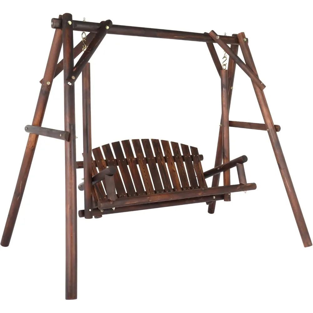

Patio Porch Swing Set, 67in Wood Log Swing Stand with Bench Loveseat Stable A-Frame for Patio Backyard Deck (Carbonized)