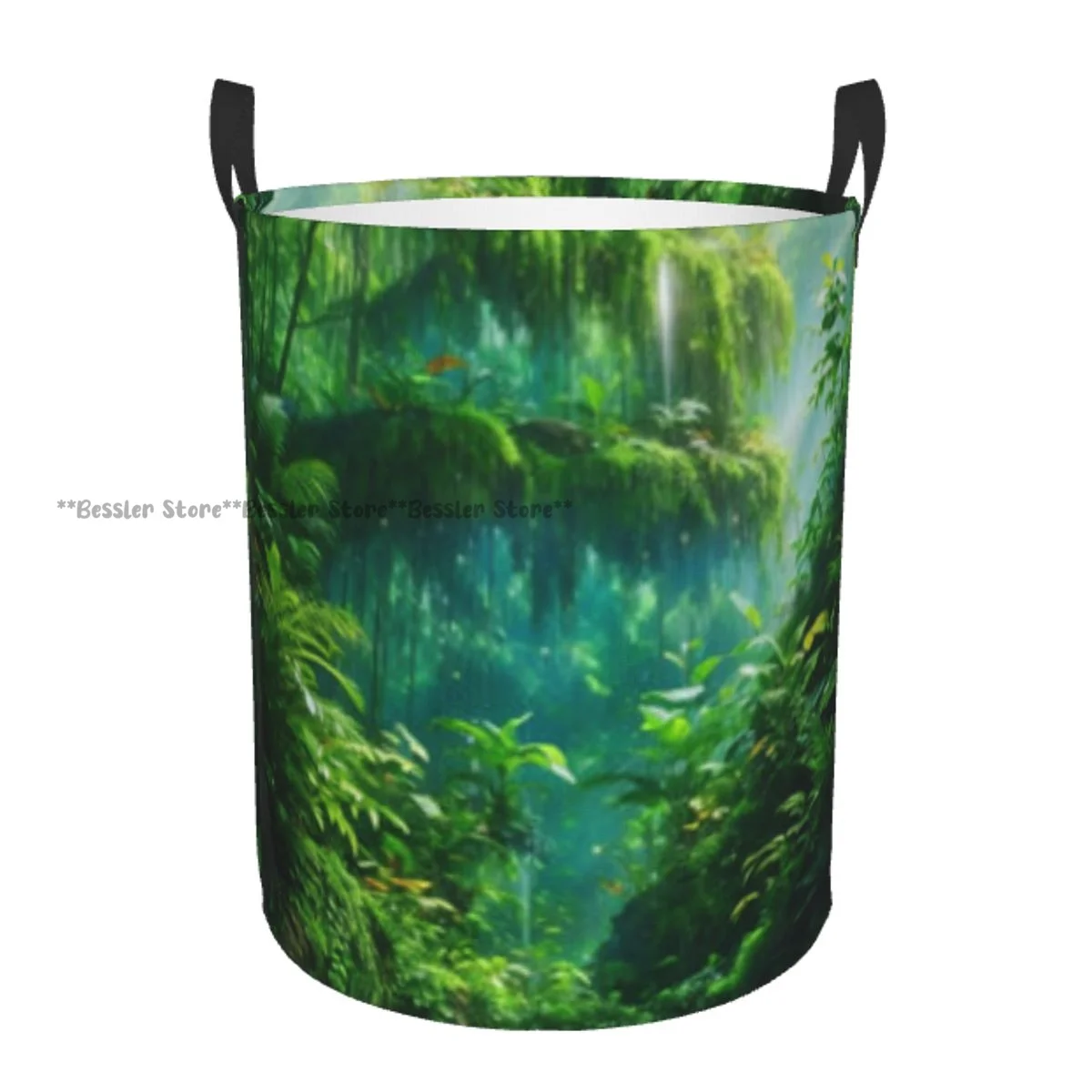 

Laundry Basket Green Jungle Illustration Round Storage Bin Collapsible Hamper Clothes Bucket Organizer