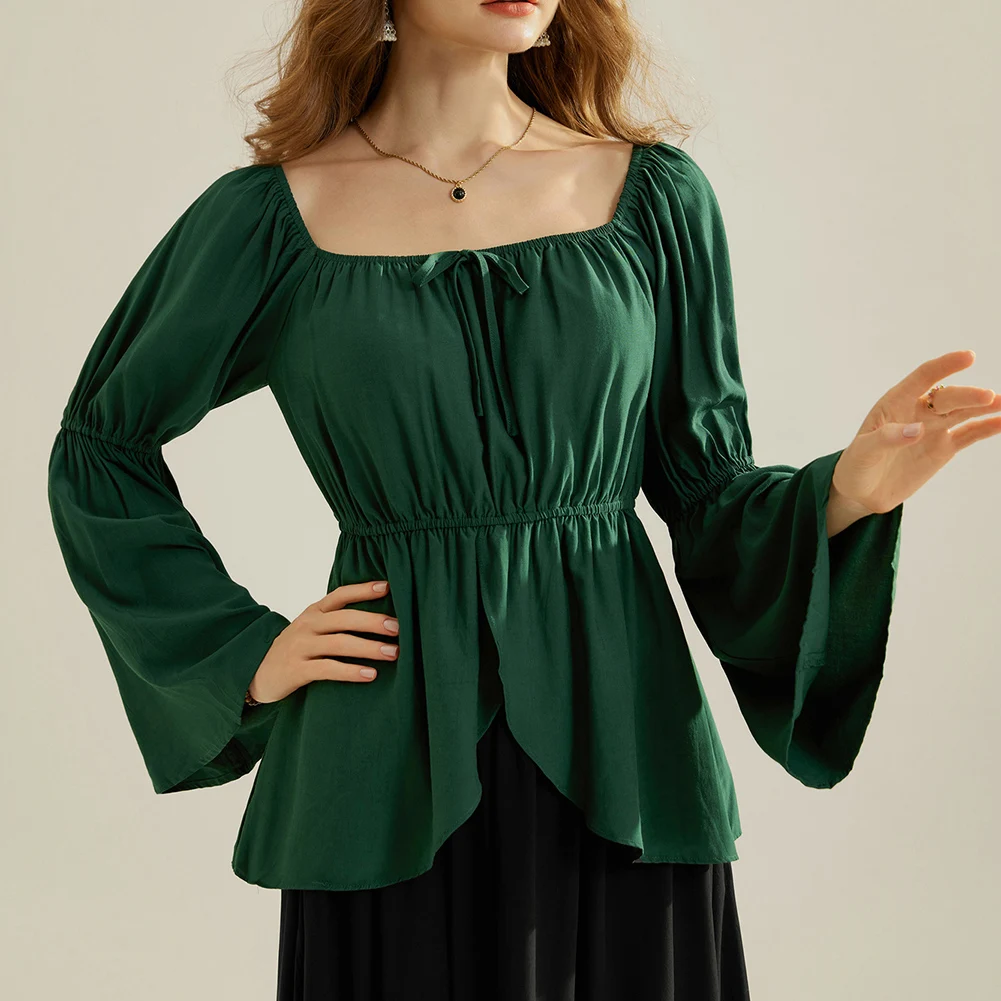 SD Women Blouse Vintage Renaissance Wrap Hem Tops Long Sleeve Square Neck Off The Shoulder Solid Elastic Waist Tops