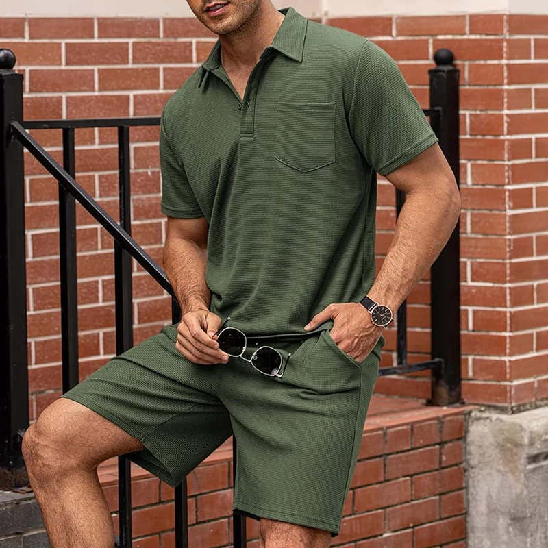 

Casual Pocket Short Sleeve Polo Shirt And Shorts Men Two Piece Sets Summer Fashion Solid Color Slim Outfits Mens Leisure Suits