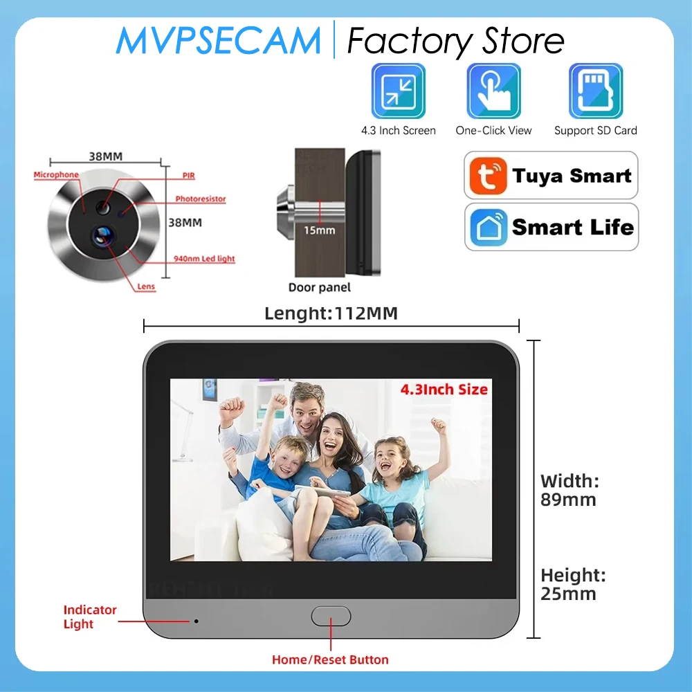 

Tuya Smart 5MP 140 ° Мини-цифровой глазок с широким углом обзора, Wi-Fi, ИК-обнаружение PIR, дверной звонок, дверная камера TUYA Samrtlife