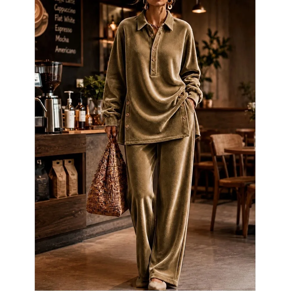 Women Embossed Velvet Two‑Piece Set Lapel Half Placket Long Sleeve Loose Blouse Side Buttons Casual High Waist Wide Leg Trousers