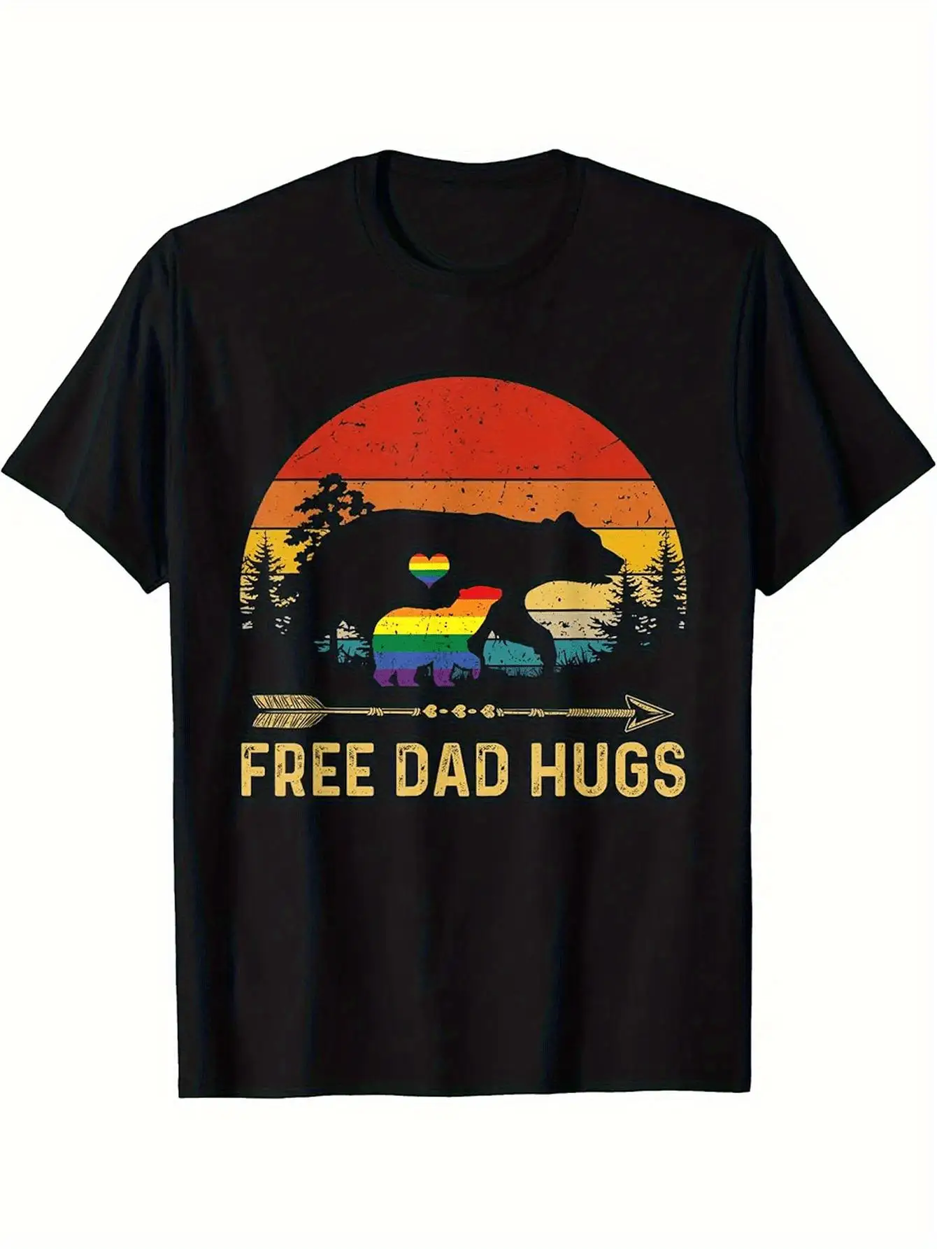Men's Retro Free Dad Hugs Bear & Rainbow Pride T-Shirt - 70s/80s Inspired + Graphic Tee with Sunset Stripes, Inclusive Slogan, Casual Round Neck Shirt for Dads & Allies