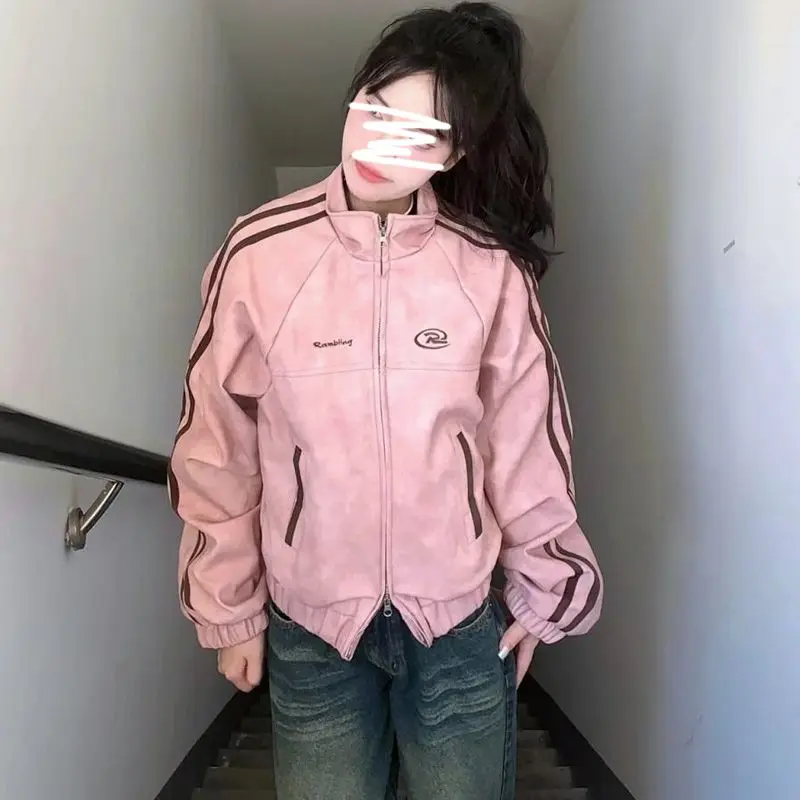 

Bombers Coat Woman Hip Hop High Street Racing Bomber Varsity Leather Jacket Vintage Motorcycle Pink Leather Jacket Femme