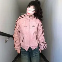 Bombers Coat Woman Hip Hop High Street Racing Bomber Varsity Leather Jacket Vintage Motorcycle Pink Leather Jacket Femme