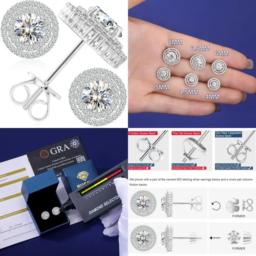 

Серьги-гвоздики из стерлингового серебра с муассанитом и двойным ореолом с завинчивающейся спинкой, позолоченные 18 карат, большие женские серьги