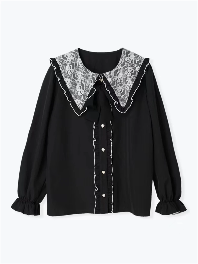 2025 New Spring Autumn Long Sleeve Sweet Lace Navy Collar Ruffles Loose Shirt Japanese Elegant Versatile Age Reduction Girl Top