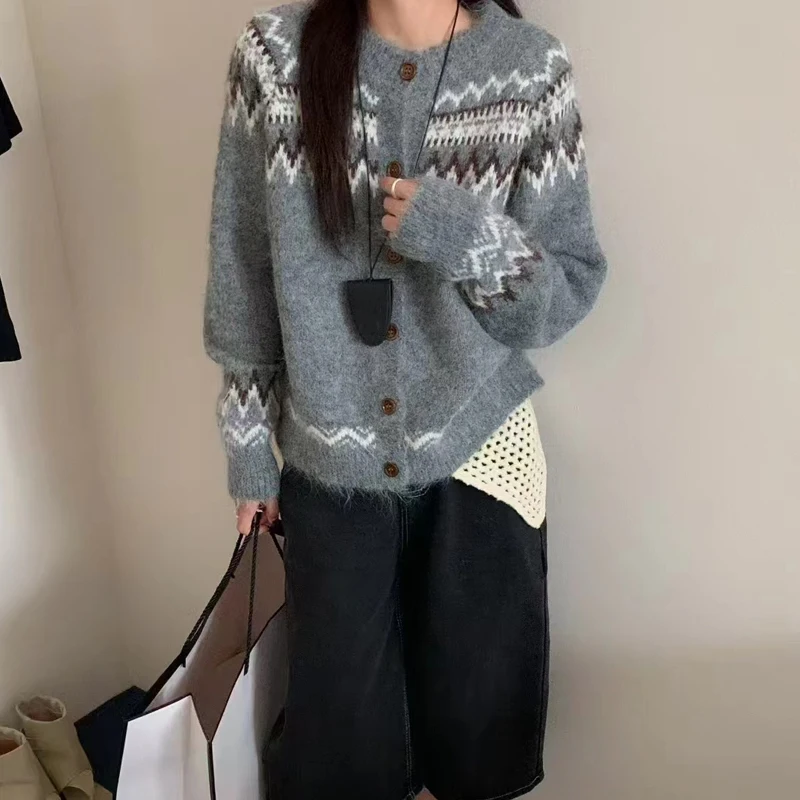 Cardigan Chic à manches longues et col ras du cou pour femme, vêtement d'extérieur Vintage décontracté de Style coréen, nouvelle collection automne hiver