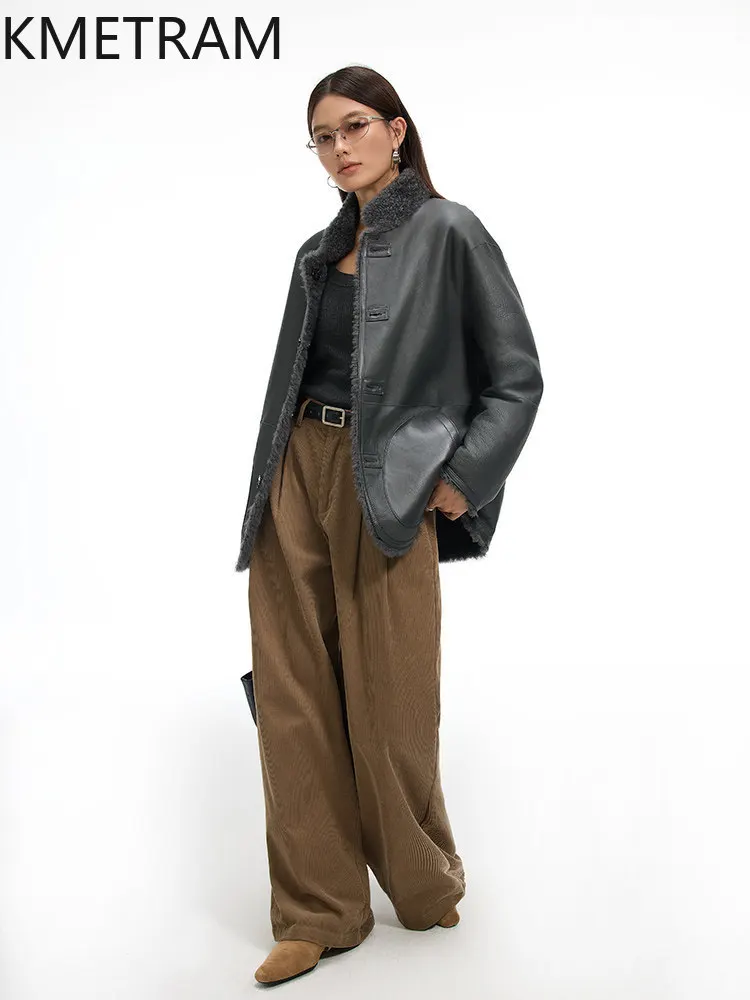 KMETRAM Natural Lacon Sheepskin with Wool Attached Jacket Reversible Winter Coats Real Fur Coat 75cm 2026 Woman Clothing jaqueta