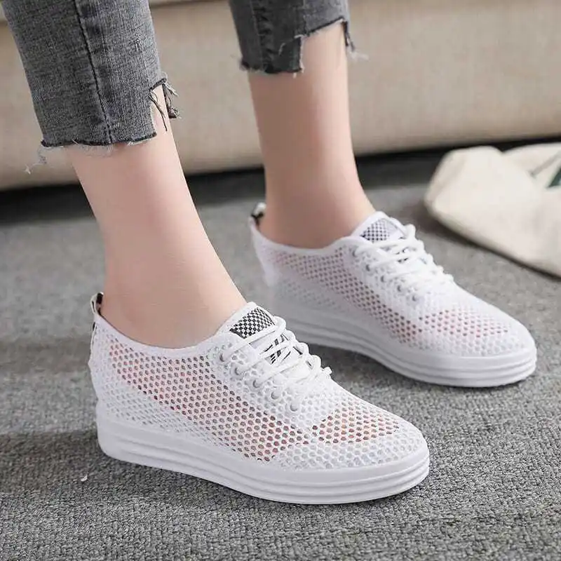 2026 Spring Summer Cutout Mesh Sneakers Women Platform White Shoes Height Increasing Casual Slip on Trainers Versatile